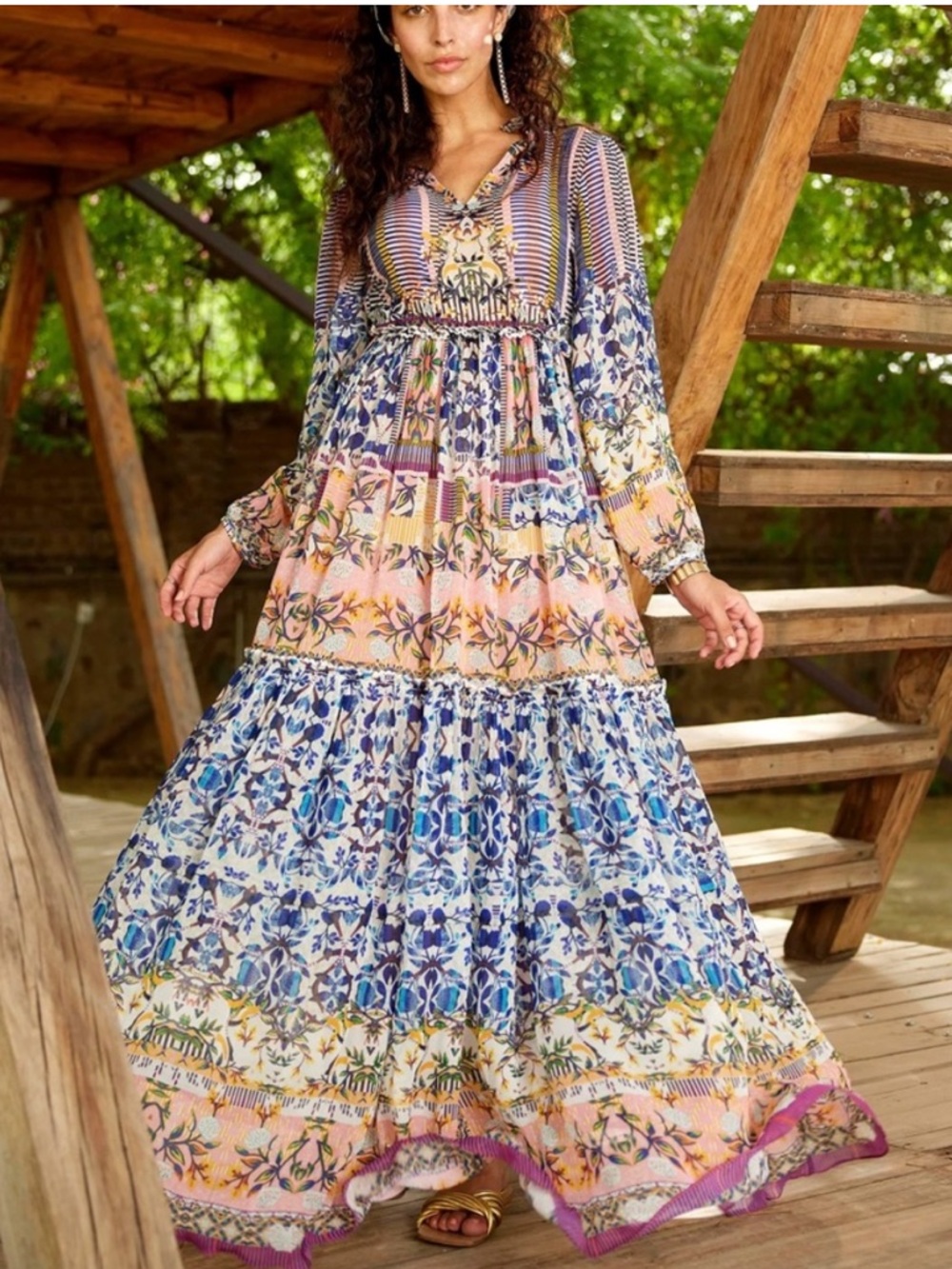 Anthropologie Anastasia Maxi Dress by Bhanuni Jyoti Long Sleeve Boho Size 2